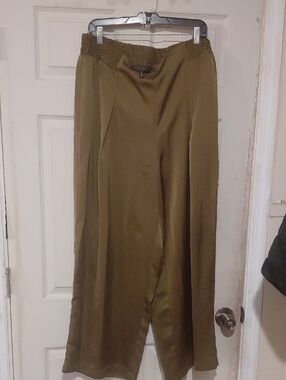 Olive Green ELOQUII Womens Satin Wide-Leg Pants Size 16 Flat Front Elastic Waist